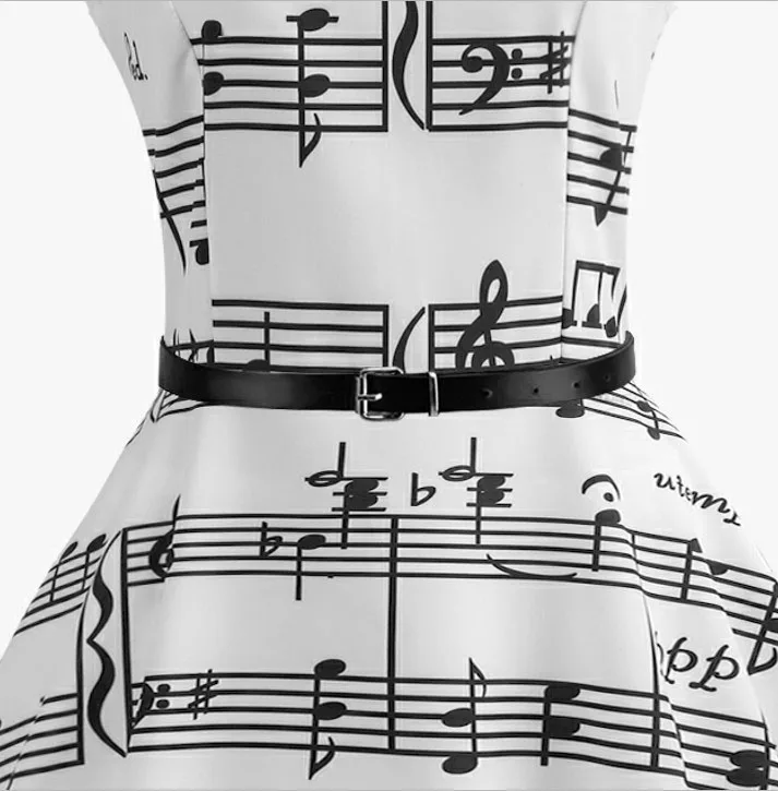 Women's Summer Music Note Print Sleeveless Midi Dress Vintage O-Neck Retro Swing Casual Robe Vestidos