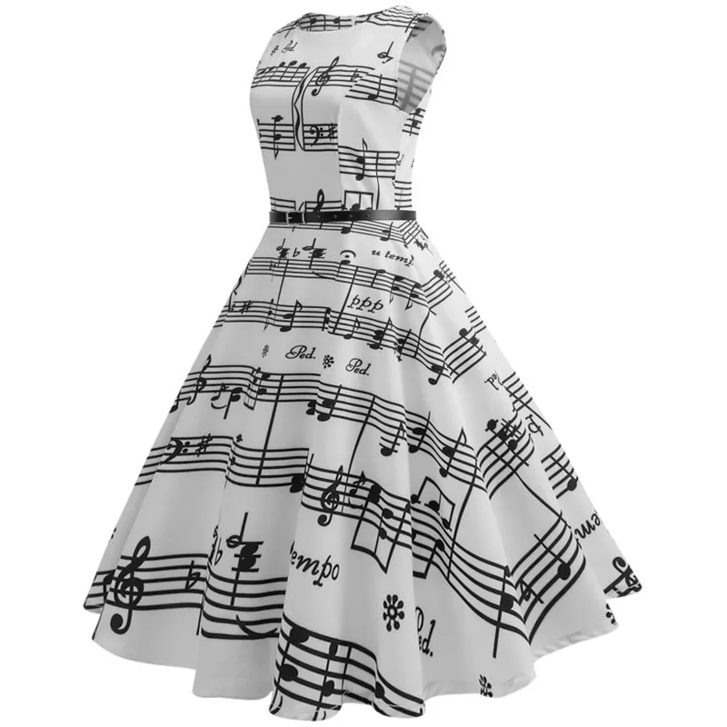 Women's Summer Music Note Print Sleeveless Midi Dress Vintage O-Neck Retro Swing Casual Robe Vestidos