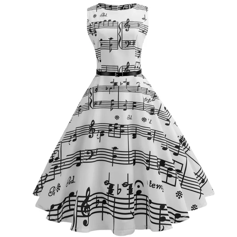 Women's Summer Music Note Print Sleeveless Midi Dress Vintage O-Neck Retro Swing Casual Robe Vestidos