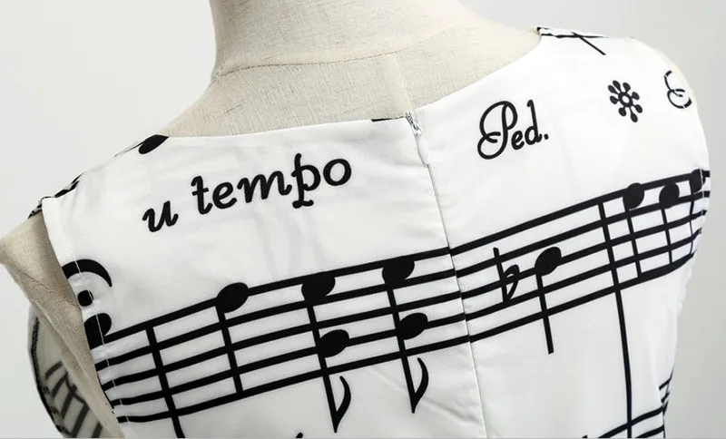 Women's Summer Music Note Print Sleeveless Midi Dress Vintage O-Neck Retro Swing Casual Robe Vestidos