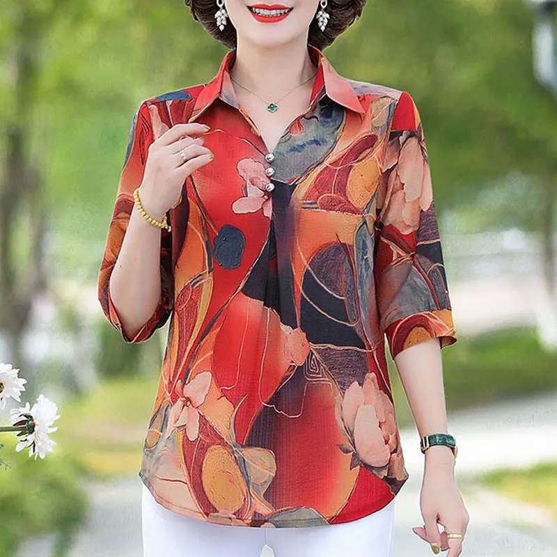Summer Vintage Floral Printed Shirt Women's Clothing Casual Turn-down Collar Button Commute Half Sleeve Stylish Loose Blouse