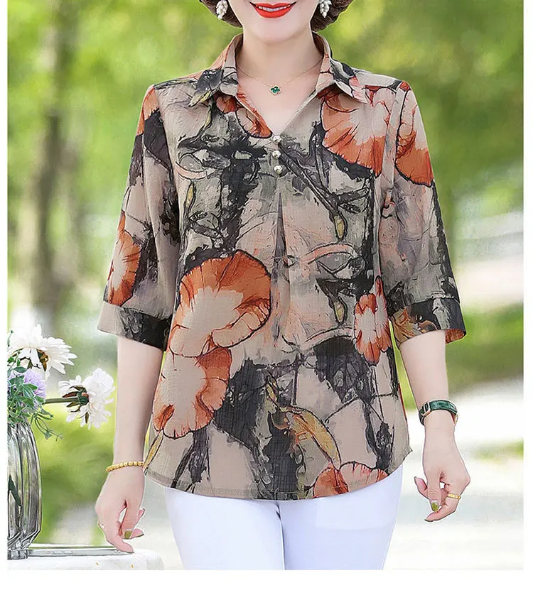 Summer Vintage Floral Printed Shirt Women's Clothing Casual Turn-down Collar Button Commute Half Sleeve Stylish Loose Blouse