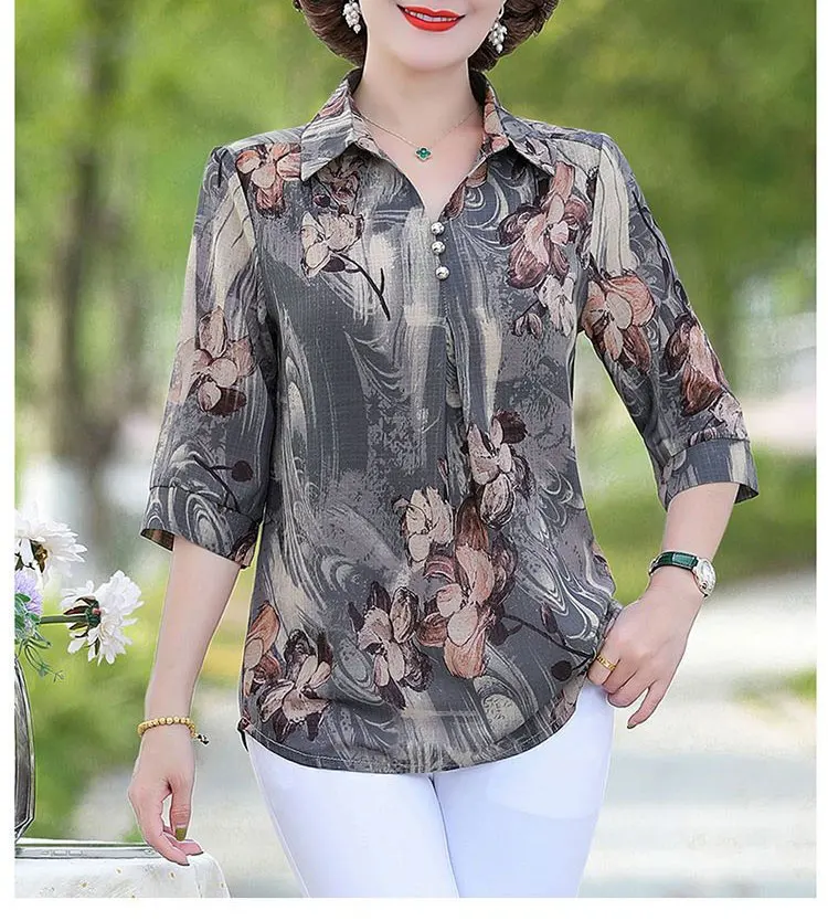 Summer Vintage Floral Printed Shirt Women's Clothing Casual Turn-down Collar Button Commute Half Sleeve Stylish Loose Blouse