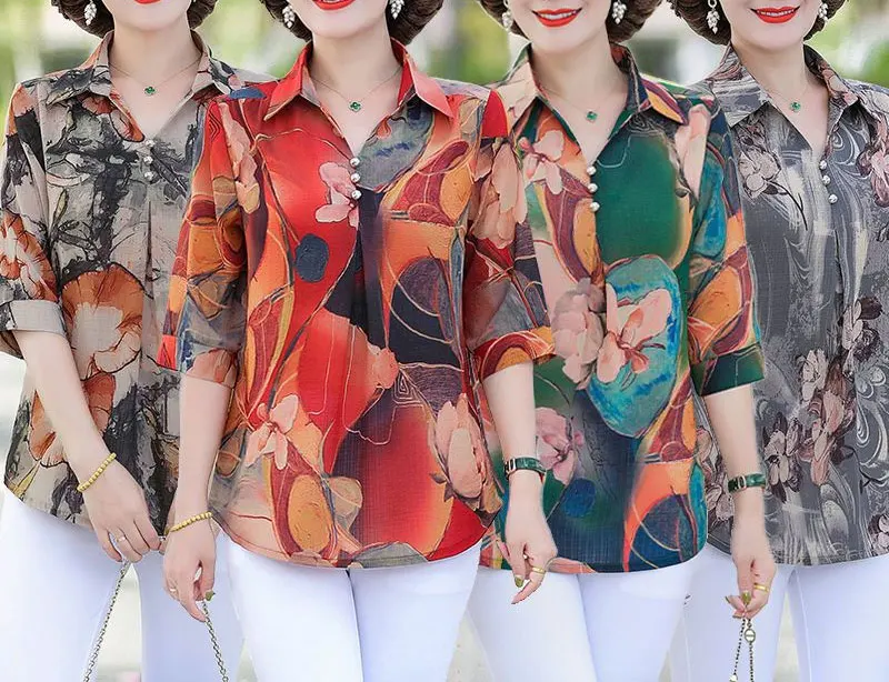 Summer Vintage Floral Printed Shirt Women's Clothing Casual Turn-down Collar Button Commute Half Sleeve Stylish Loose Blouse