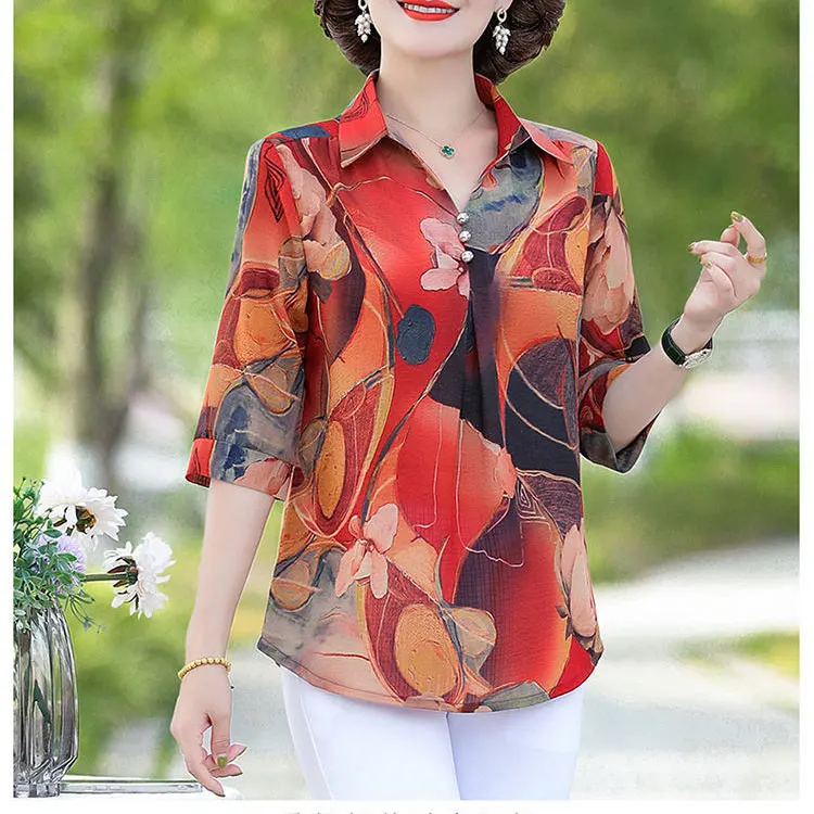 Summer Vintage Floral Printed Shirt Women's Clothing Casual Turn-down Collar Button Commute Half Sleeve Stylish Loose Blouse