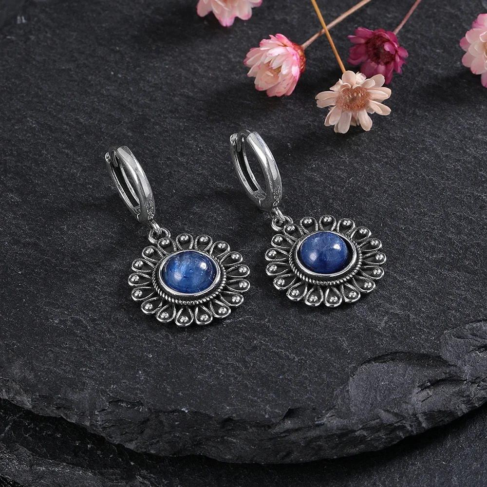 Natural Kyanite Earrings for Women S925 Silver Sun Flower Shaped Retro Silver Labradorite Hoop Earrings