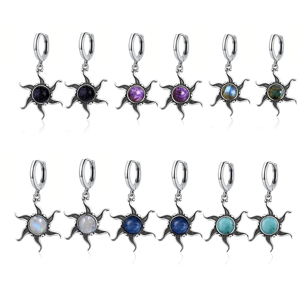 Natural Kyanite Earrings for Women S925 Silver Sun Flower Shaped Retro Silver Labradorite Hoop Earrings