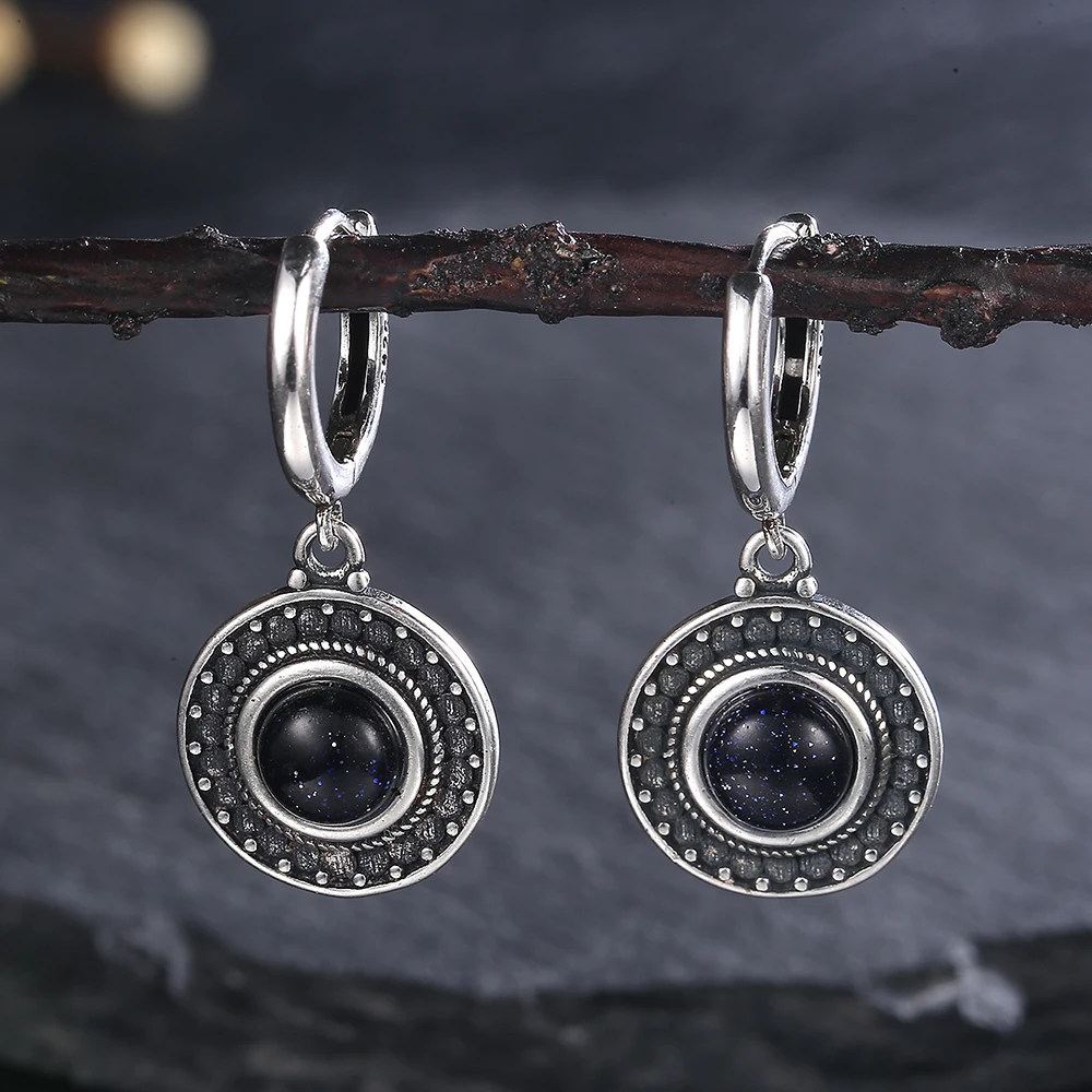 Natural Kyanite Earrings for Women S925 Silver Sun Flower Shaped Retro Silver Labradorite Hoop Earrings