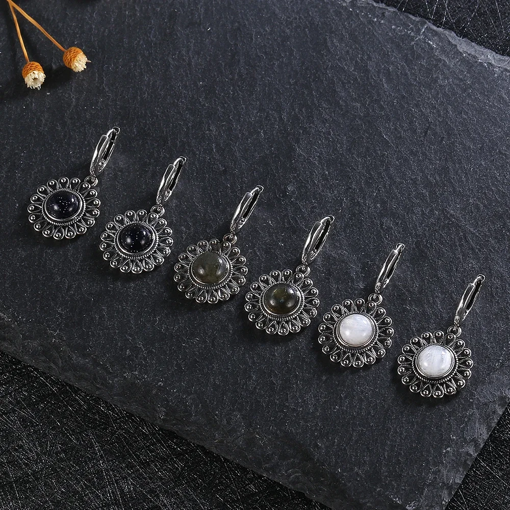 Natural Kyanite Earrings for Women S925 Silver Sun Flower Shaped Retro Silver Labradorite Hoop Earrings