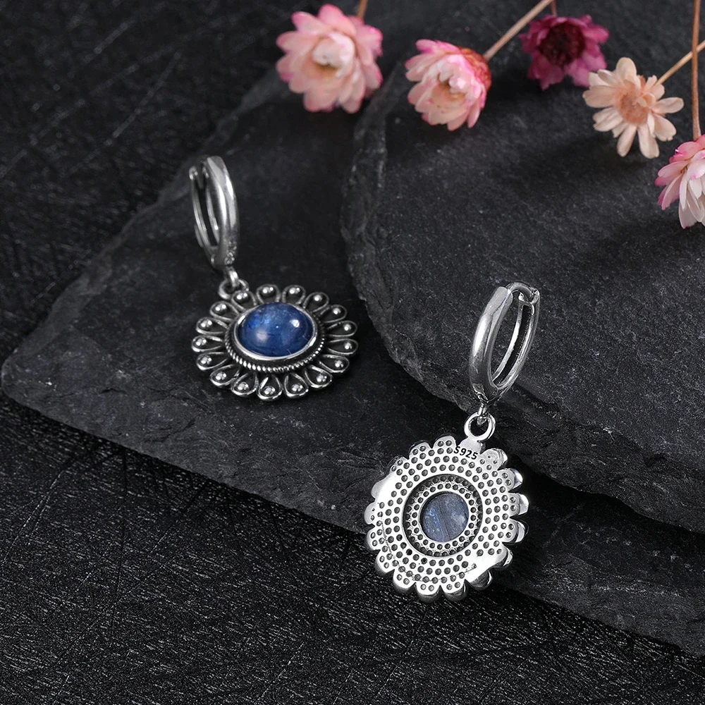 Natural Kyanite Earrings for Women S925 Silver Sun Flower Shaped Retro Silver Labradorite Hoop Earrings