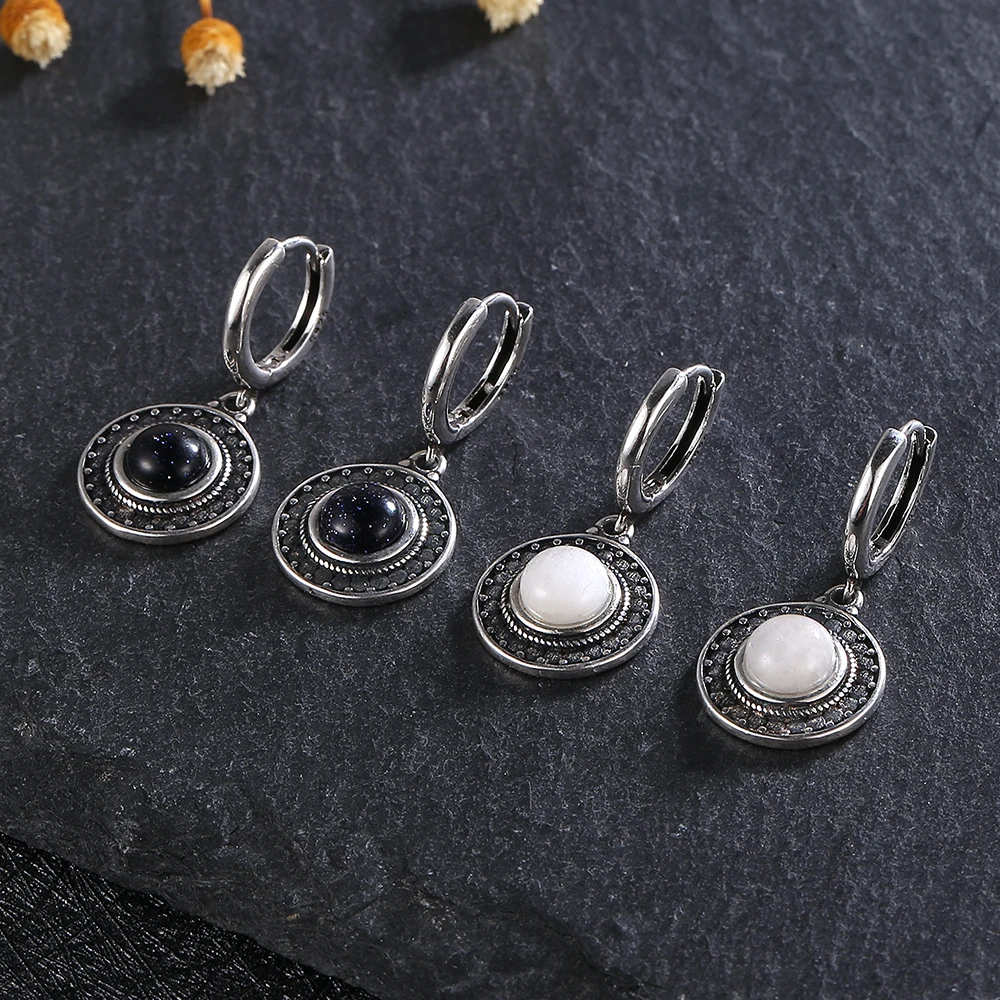 Natural Kyanite Earrings for Women S925 Silver Sun Flower Shaped Retro Silver Labradorite Hoop Earrings