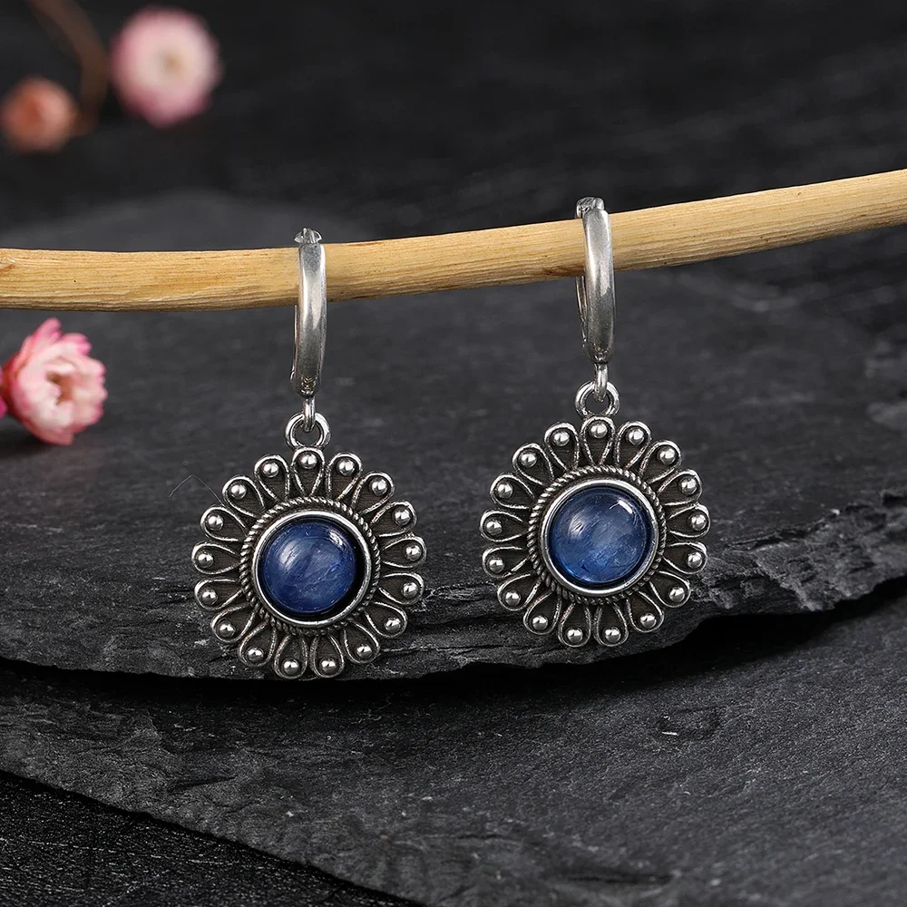 Natural Kyanite Earrings for Women S925 Silver Sun Flower Shaped Retro Silver Labradorite Hoop Earrings