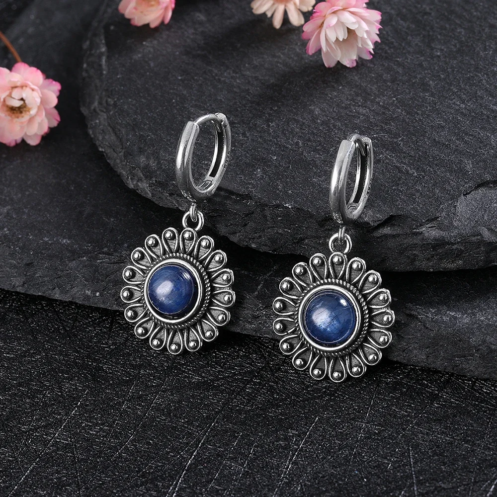 Natural Kyanite Earrings for Women S925 Silver Sun Flower Shaped Retro Silver Labradorite Hoop Earrings