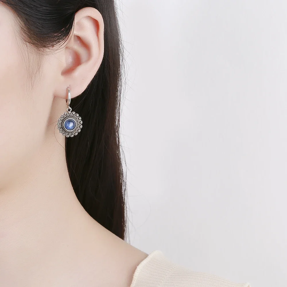 Natural Kyanite Earrings for Women S925 Silver Sun Flower Shaped Retro Silver Labradorite Hoop Earrings