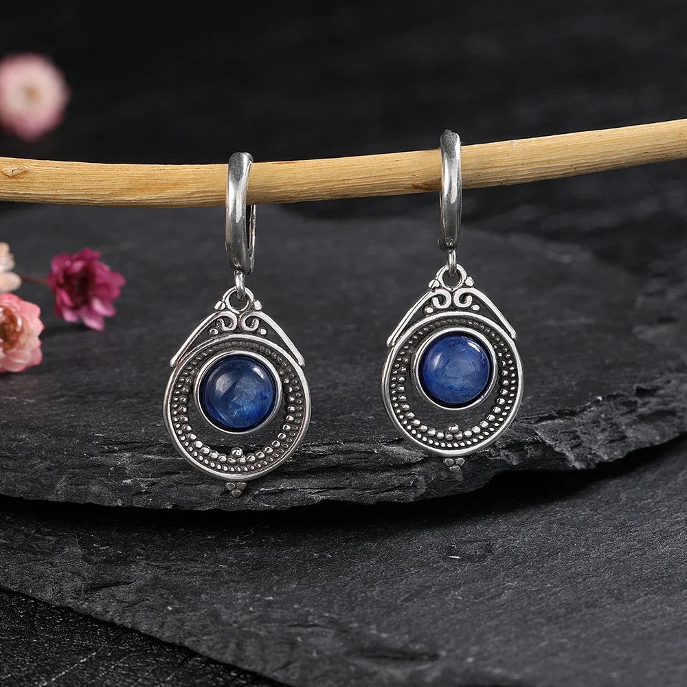 Natural Kyanite Earrings for Women S925 Silver Sun Flower Shaped Retro Silver Labradorite Hoop Earrings