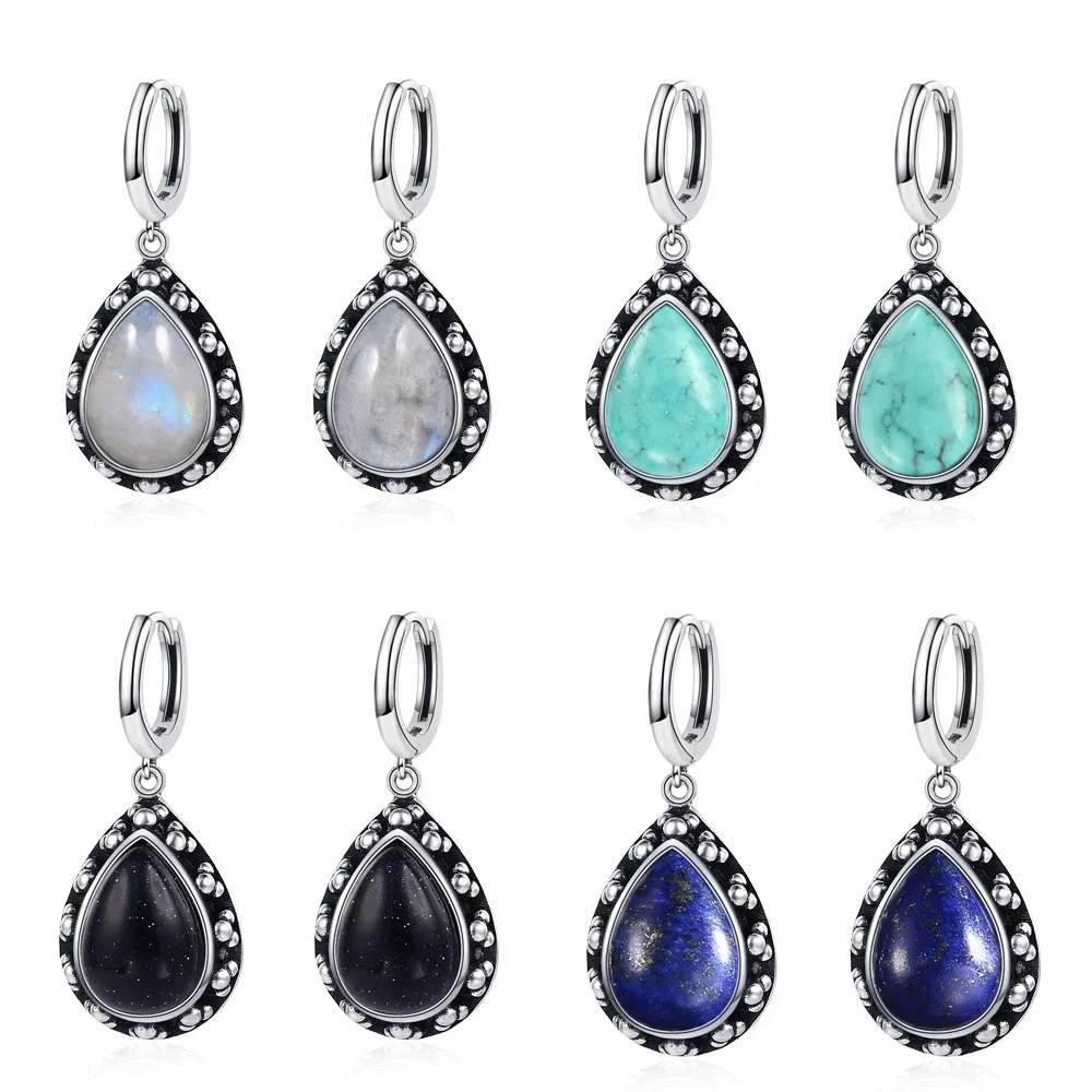 Natural Kyanite Earrings for Women S925 Silver Sun Flower Shaped Retro Silver Labradorite Hoop Earrings