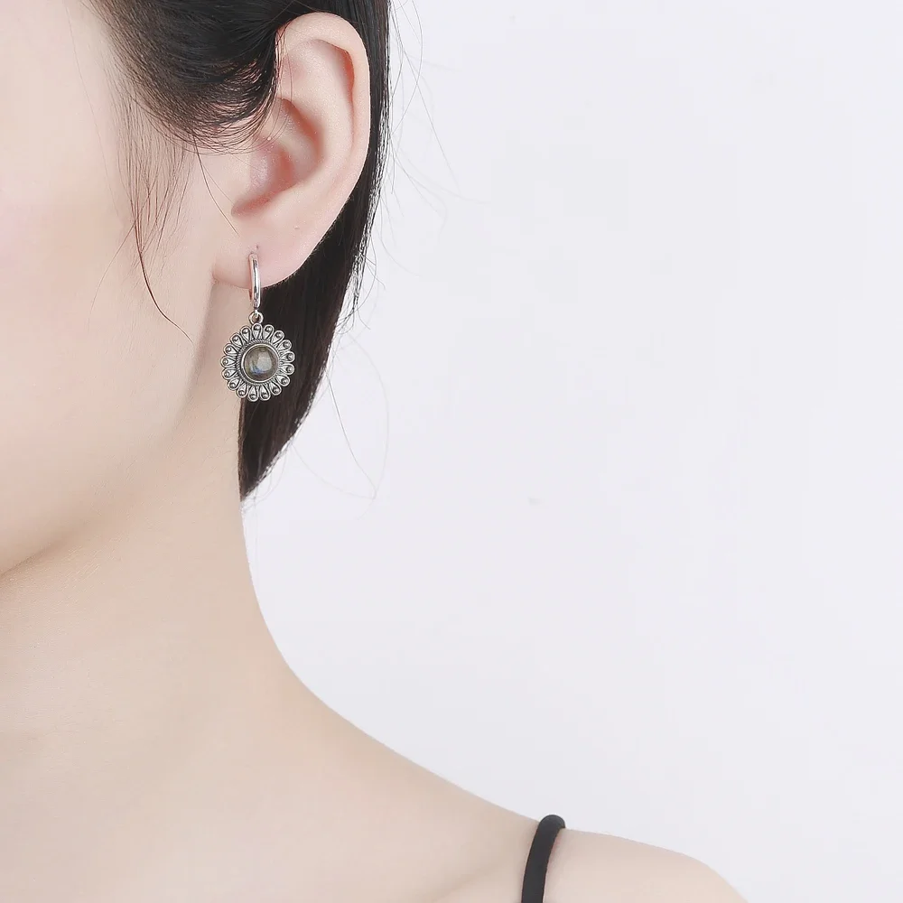 Natural Kyanite Earrings for Women S925 Silver Sun Flower Shaped Retro Silver Labradorite Hoop Earrings