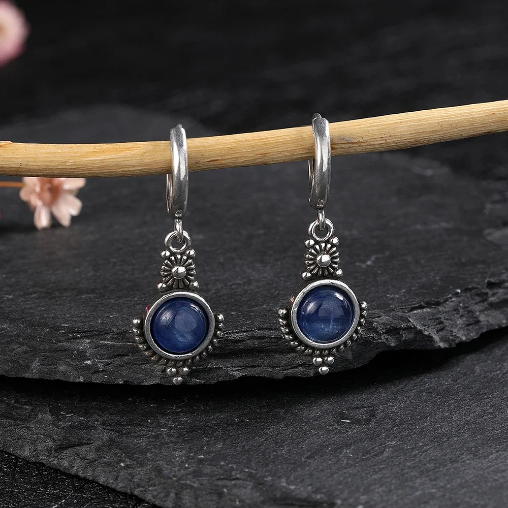 Natural Kyanite Earrings for Women S925 Silver Sun Flower Shaped Retro Silver Labradorite Hoop Earrings