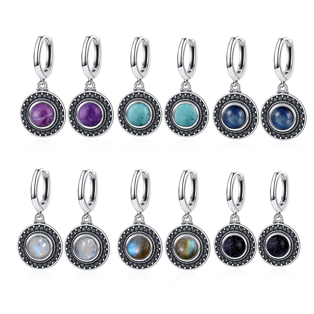 Natural Kyanite Earrings for Women S925 Silver Sun Flower Shaped Retro Silver Labradorite Hoop Earrings