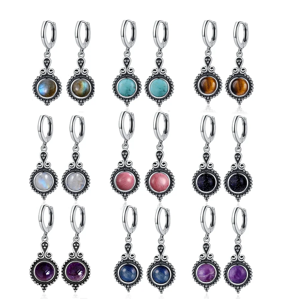 Natural Kyanite Earrings for Women S925 Silver Sun Flower Shaped Retro Silver Labradorite Hoop Earrings