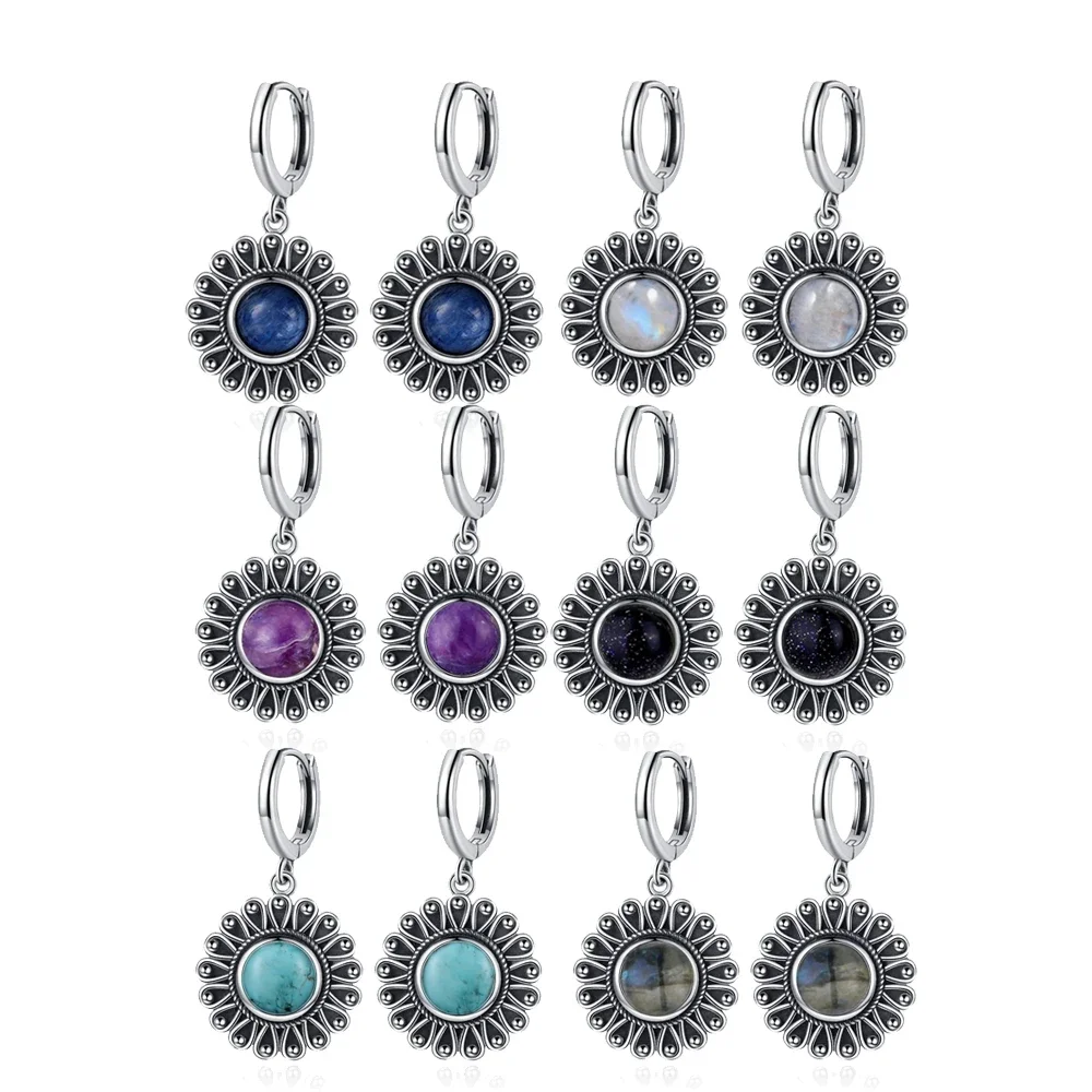 Natural Kyanite Earrings for Women S925 Silver Sun Flower Shaped Retro Silver Labradorite Hoop Earrings