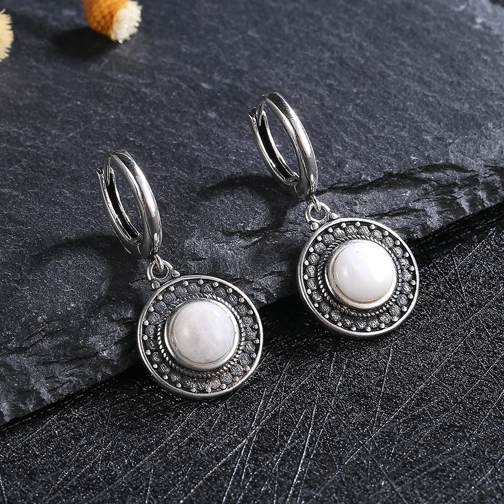 Natural Kyanite Earrings for Women S925 Silver Sun Flower Shaped Retro Silver Labradorite Hoop Earrings