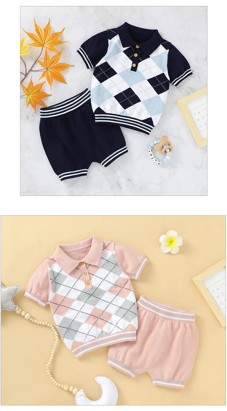 Summer Baby Boys Gentlemen Style Clothes Sets Fashion Blue Short Sleeve Turtle Neck Tee-Shirt+Shorts Infant Cotton Outfits 0-18m