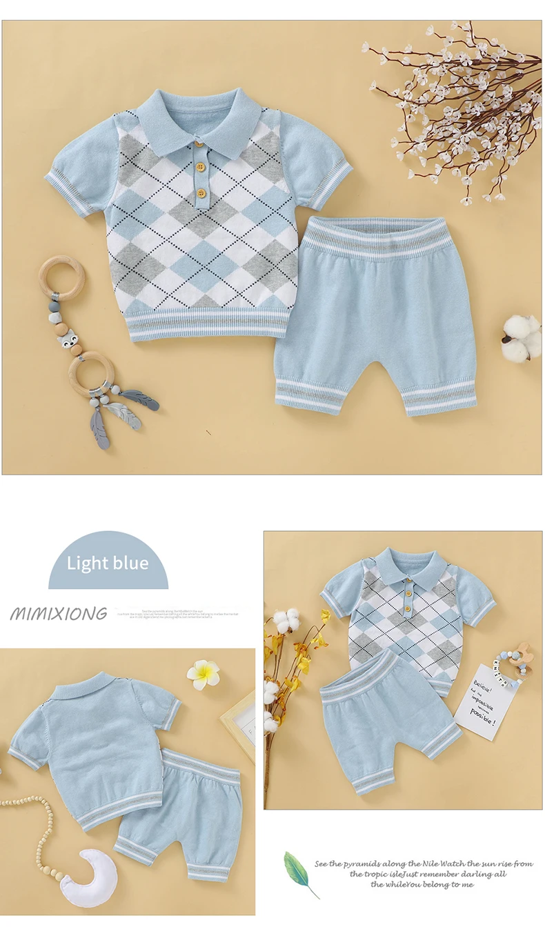 Summer Baby Boys Gentlemen Style Clothes Sets Fashion Blue Short Sleeve Turtle Neck Tee-Shirt+Shorts Infant Cotton Outfits 0-18m
