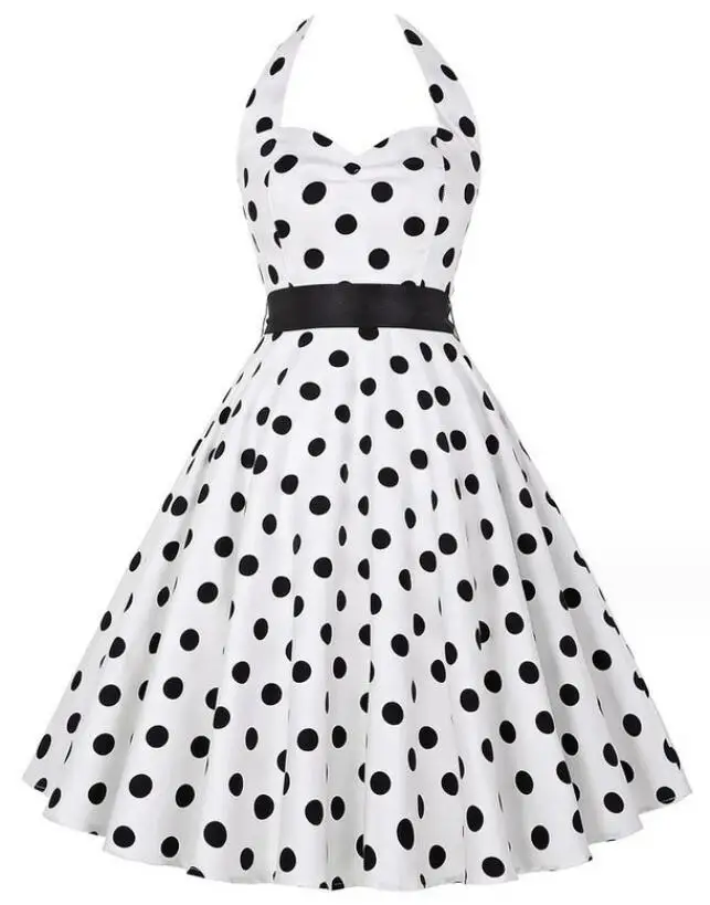 Women Summer Polka Dot Vintage Dress Fashion Party Office Lady Rockabilly Big Swing Halter Clothes
