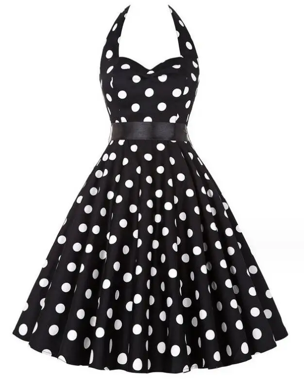Women Summer Polka Dot Vintage Dress Fashion Party Office Lady Rockabilly Big Swing Halter Clothes