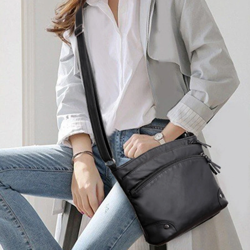 Soft PU Leather Shoulder Crossbody Bag Women Retro Design Messenger Bag Casual Multi-zipper Female Daily Travel Handbag Satchel