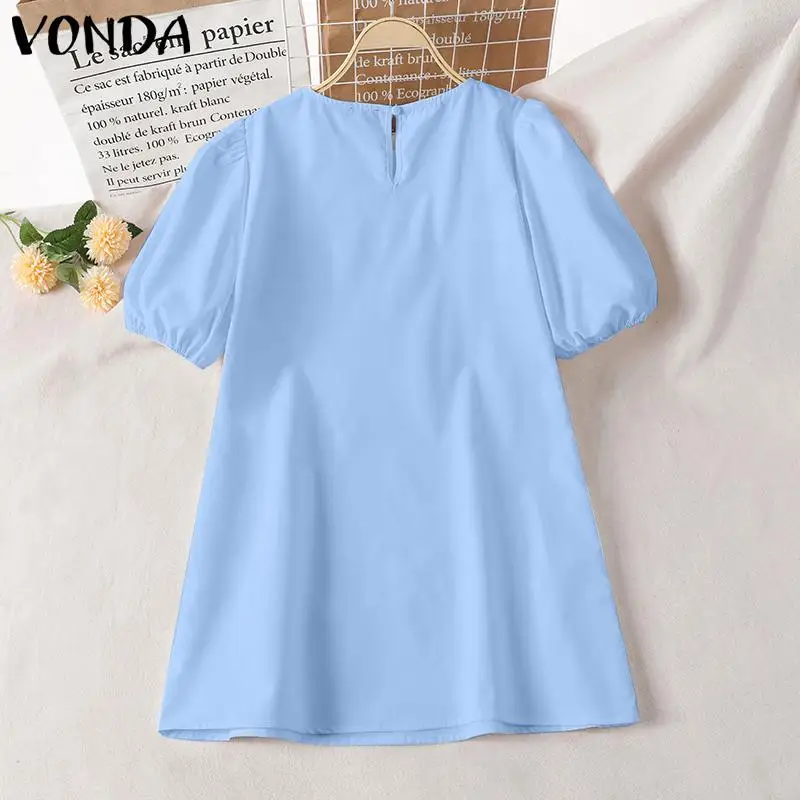 VONDA Summer Party Mini Dress 2024 Women Elegant Short Puff Sleeve Casual Solid Sundress O Neck Loose Pleated Holiday Vestidos