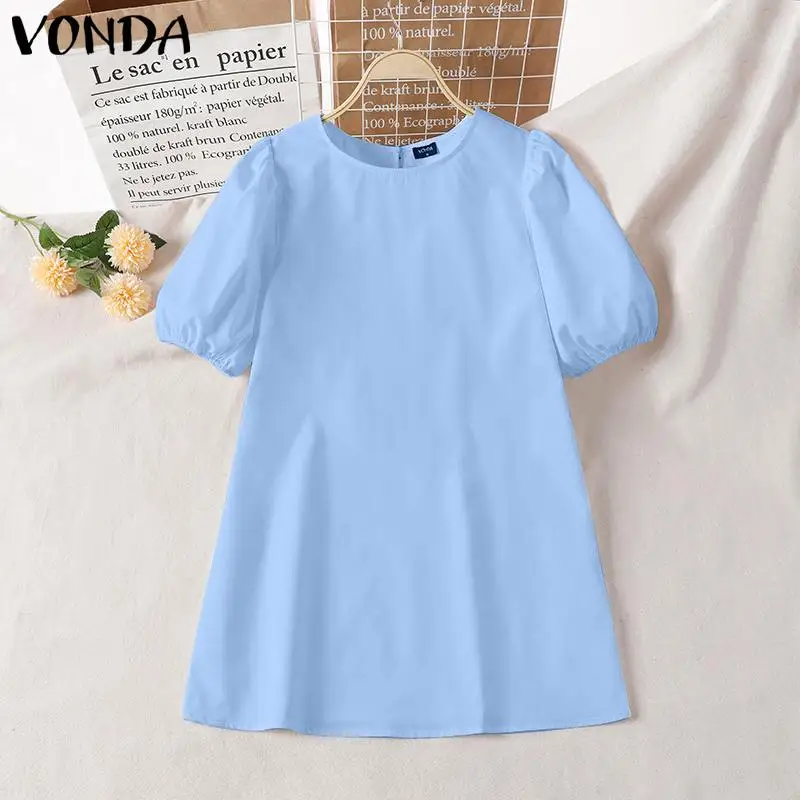VONDA Summer Party Mini Dress 2024 Women Elegant Short Puff Sleeve Casual Solid Sundress O Neck Loose Pleated Holiday Vestidos