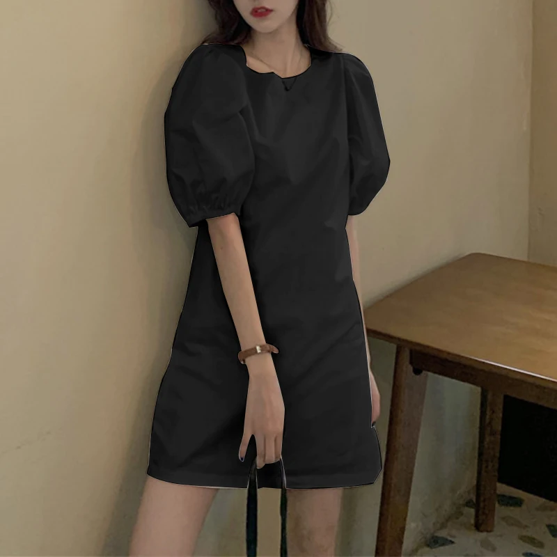 VONDA Summer Party Mini Dress 2024 Women Elegant Short Puff Sleeve Casual Solid Sundress O Neck Loose Pleated Holiday Vestidos