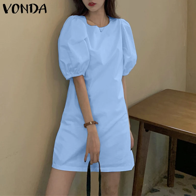 VONDA Summer Party Mini Dress 2024 Women Elegant Short Puff Sleeve Casual Solid Sundress O Neck Loose Pleated Holiday Vestidos