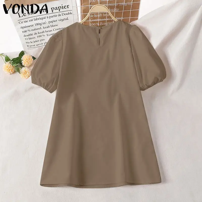 VONDA Summer Party Mini Dress 2024 Women Elegant Short Puff Sleeve Casual Solid Sundress O Neck Loose Pleated Holiday Vestidos