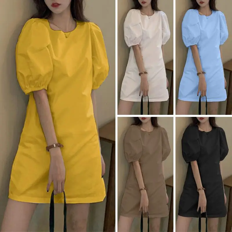 VONDA Summer Party Mini Dress 2024 Women Elegant Short Puff Sleeve Casual Solid Sundress O Neck Loose Pleated Holiday Vestidos