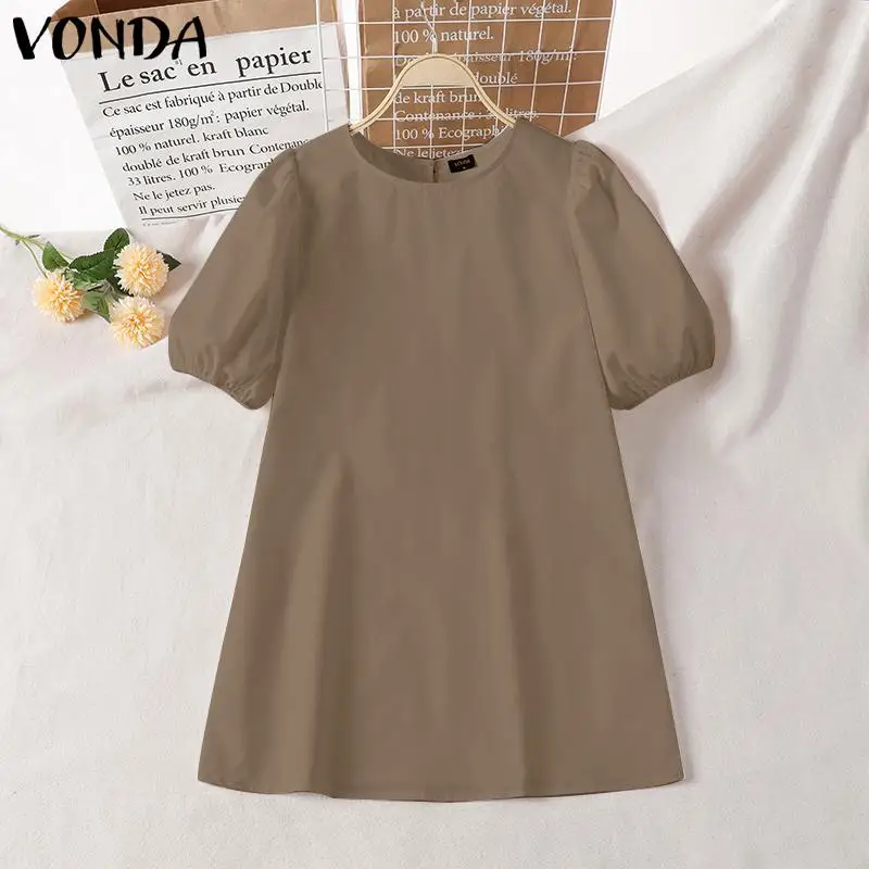 VONDA Summer Party Mini Dress 2024 Women Elegant Short Puff Sleeve Casual Solid Sundress O Neck Loose Pleated Holiday Vestidos