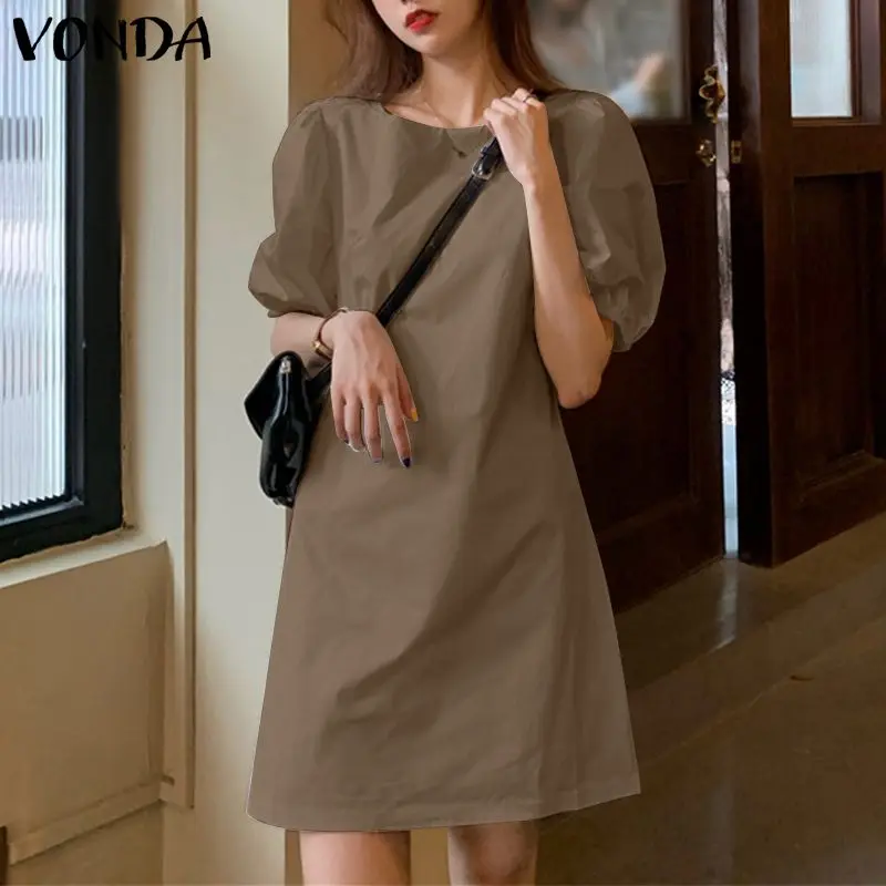 VONDA Summer Party Mini Dress 2024 Women Elegant Short Puff Sleeve Casual Solid Sundress O Neck Loose Pleated Holiday Vestidos