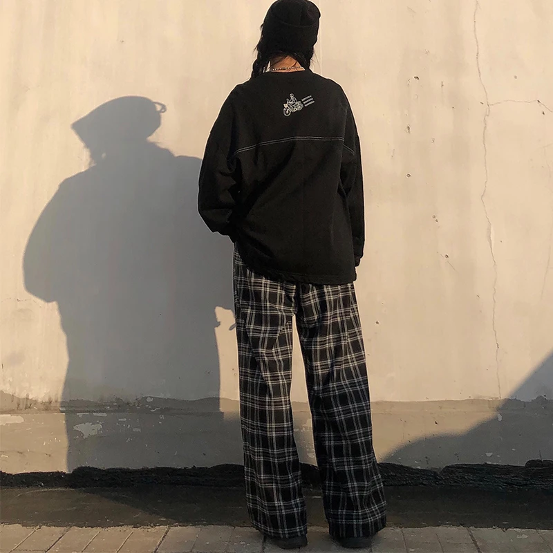 Oversize Pants Women Sweatpants Summer Fashion Black Plaid Casual Pants Elastic Waist Casual Pockets Student Unisex Trousers