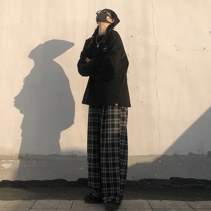 Oversize Pants Women Sweatpants Summer Fashion Black Plaid Casual Pants Elastic Waist Casual Pockets Student Unisex Trousers