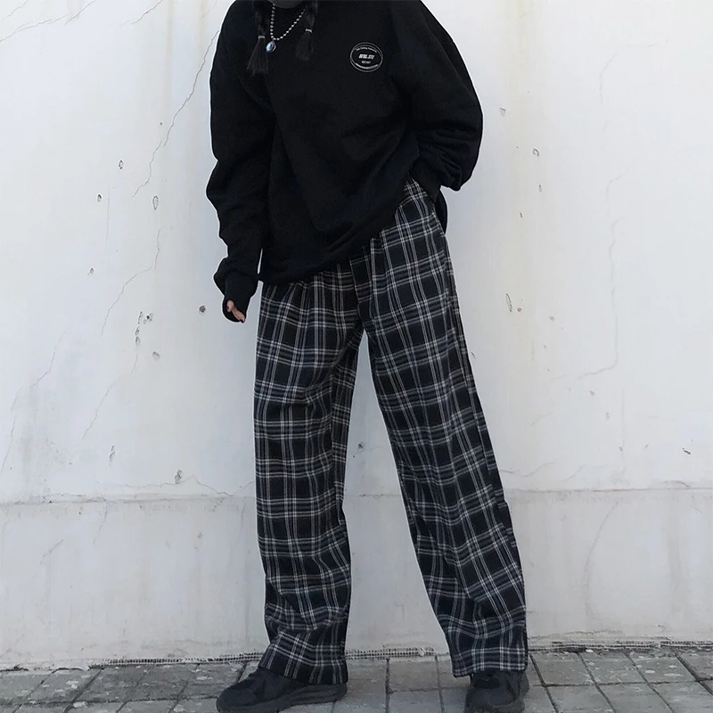 Oversize Pants Women Sweatpants Summer Fashion Black Plaid Casual Pants Elastic Waist Casual Pockets Student Unisex Trousers