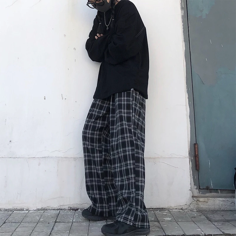 Oversize Pants Women Sweatpants Summer Fashion Black Plaid Casual Pants Elastic Waist Casual Pockets Student Unisex Trousers