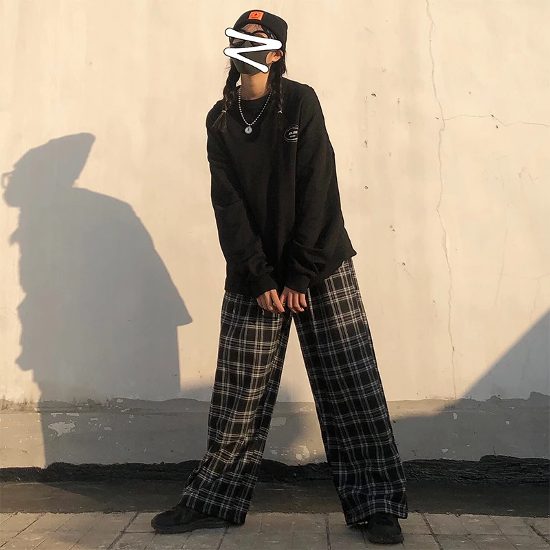 Oversize Pants Women Sweatpants Summer Fashion Black Plaid Casual Pants Elastic Waist Casual Pockets Student Unisex Trousers