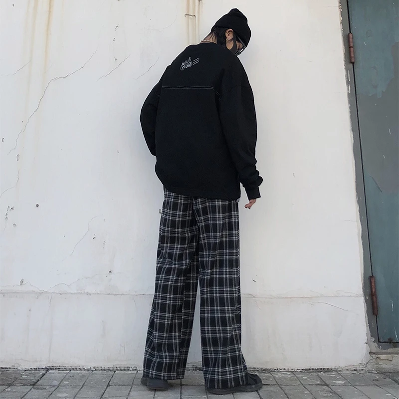 Oversize Pants Women Sweatpants Summer Fashion Black Plaid Casual Pants Elastic Waist Casual Pockets Student Unisex Trousers