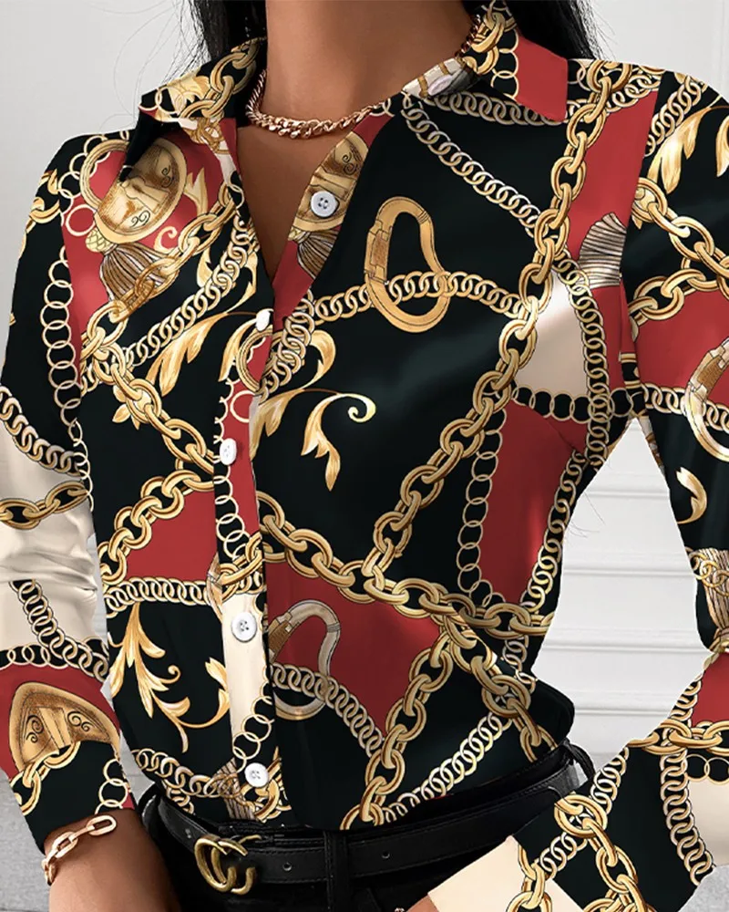 Women Fashion Wild Shirts Chain/Floral/Letter/Geometric Square Print Turn-Down Collar Long Sleeve Blouses
