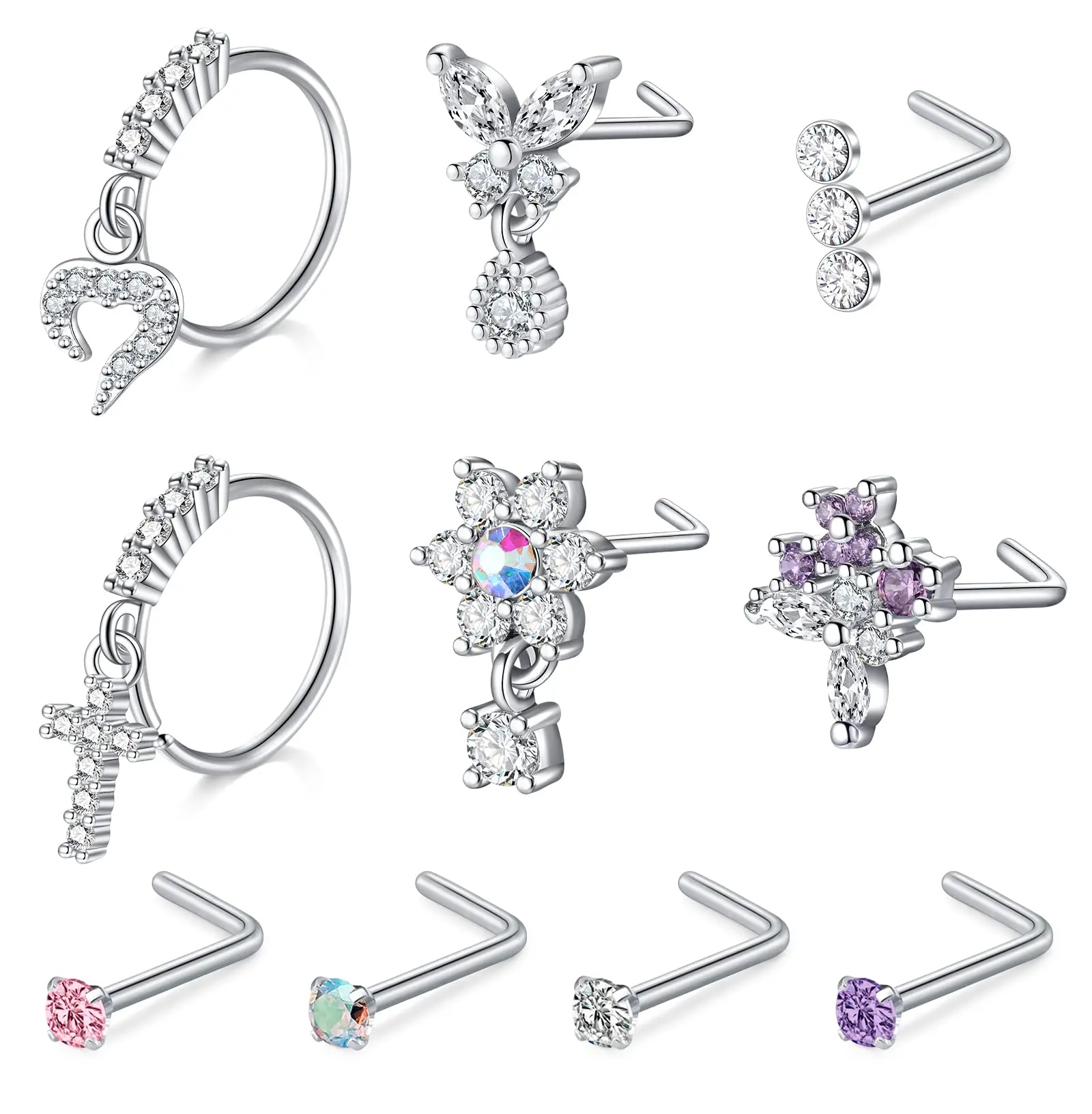 10Pcs Nose Rings Studs for Women Surgical Steel 18/20G Nose Hoop Corkscrew L Shaped Nose Stud Nose Ring Nose Piercing Jewelry