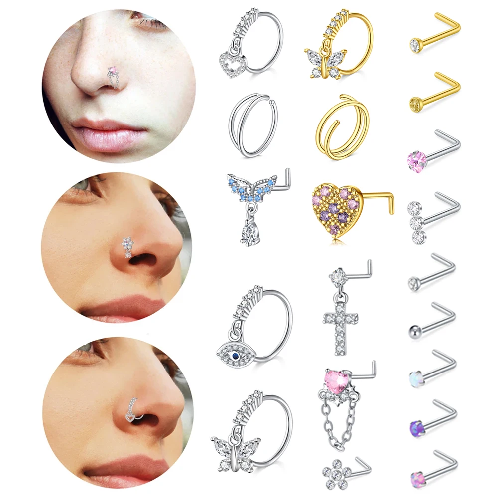 10Pcs Nose Rings Studs for Women Surgical Steel 18/20G Nose Hoop Corkscrew L Shaped Nose Stud Nose Ring Nose Piercing Jewelry