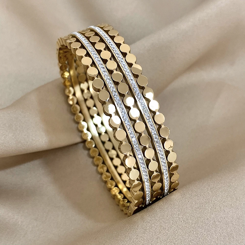 Multiple Rows Round Nails Double Row Rhinestones Stainless Steel Brangle Bracelet for Women Cuff Wristband Jewelry Accessories