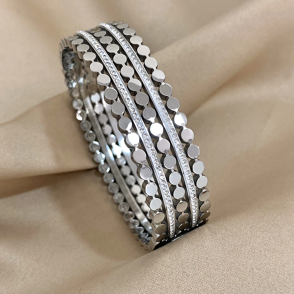 Multiple Rows Round Nails Double Row Rhinestones Stainless Steel Brangle Bracelet for Women Cuff Wristband Jewelry Accessories